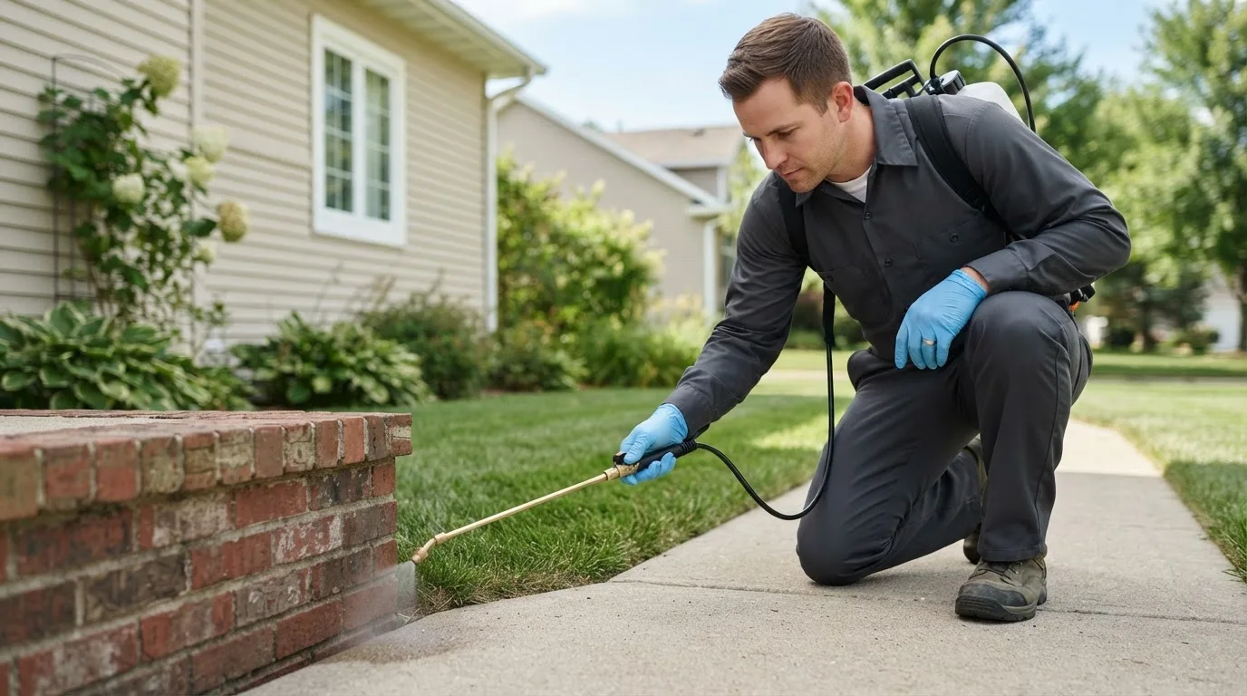 Pest control technician treating a home near Churubusco, NY