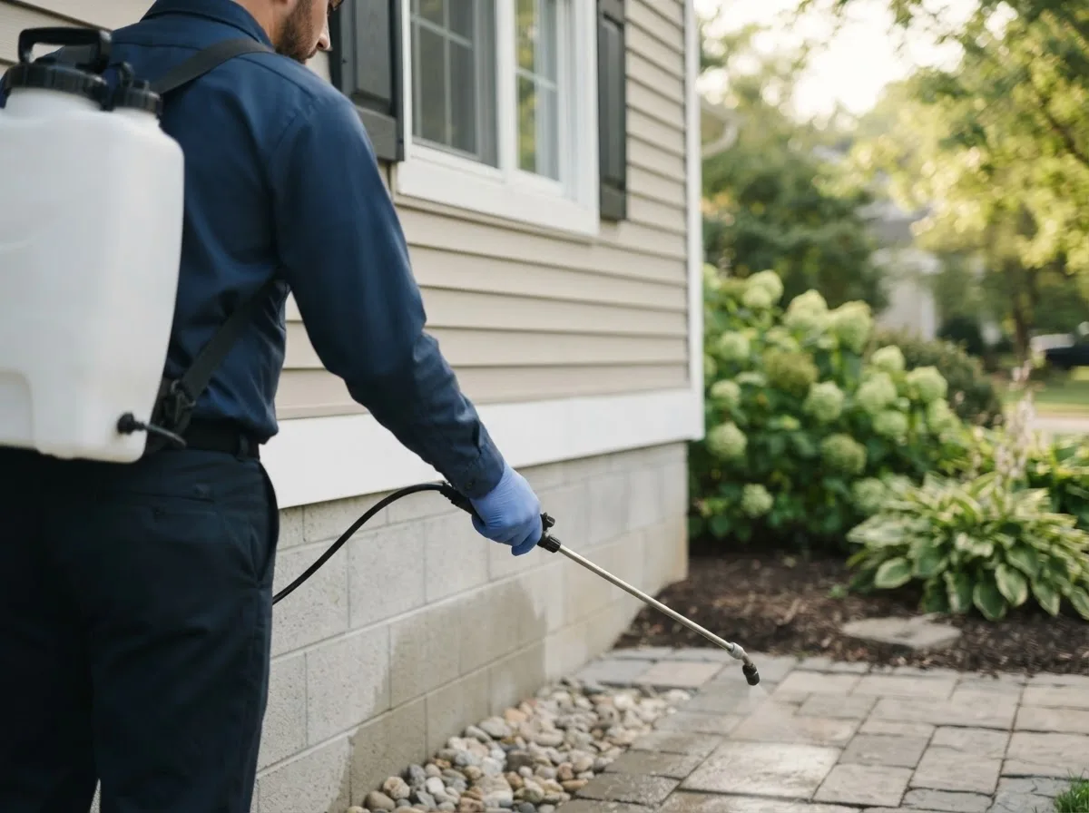 Pest control technician inspecting a home in Churubusco, NY
